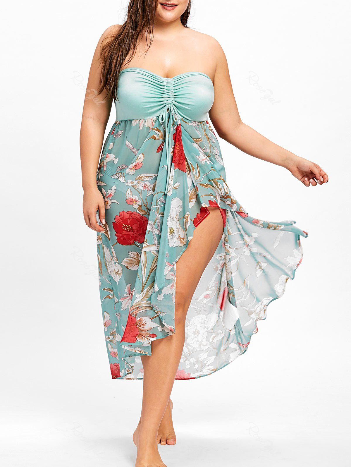 Sale Plus Size Slit Floral Print Strapless Dress  