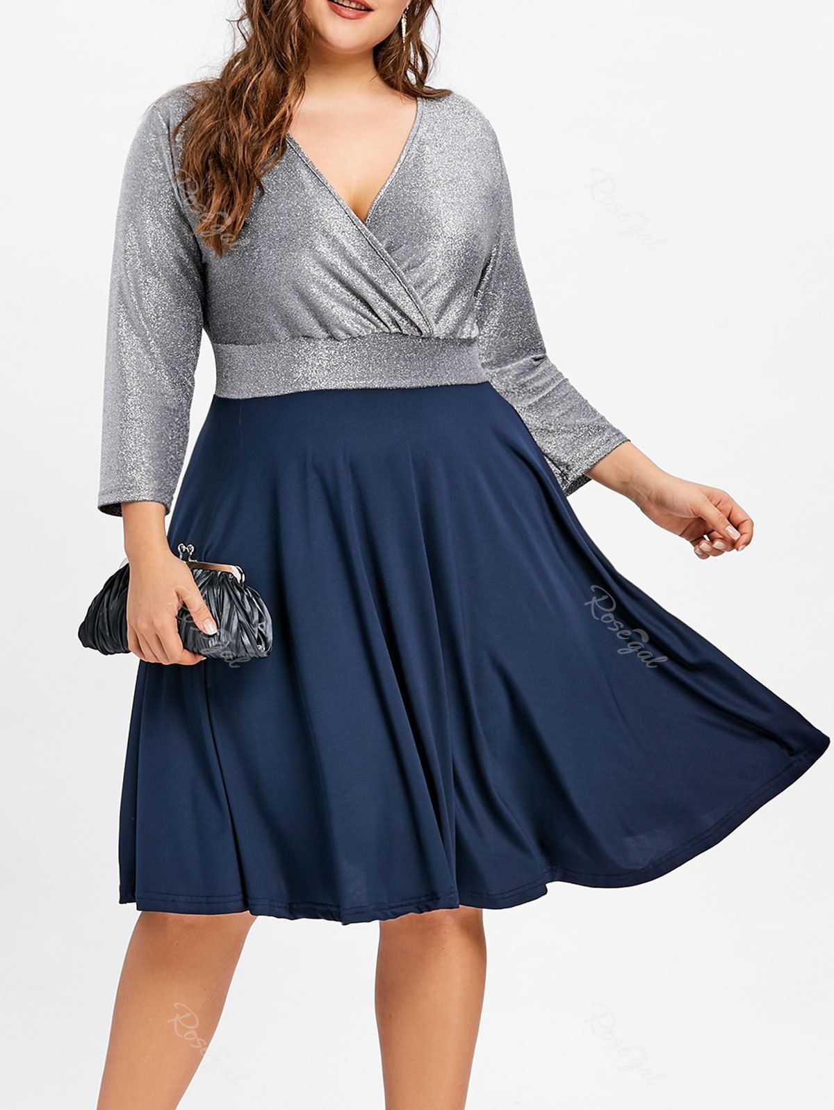 

Sparkly Surplice Plus Size Dress, Blue
