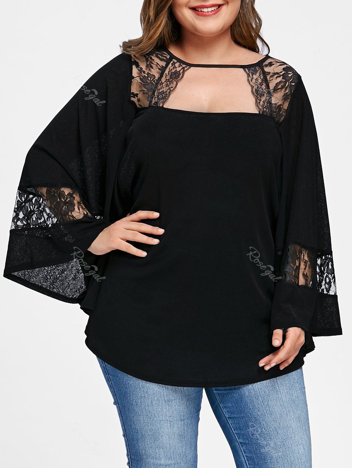 2019 lace insert plus size short sleeve blouse