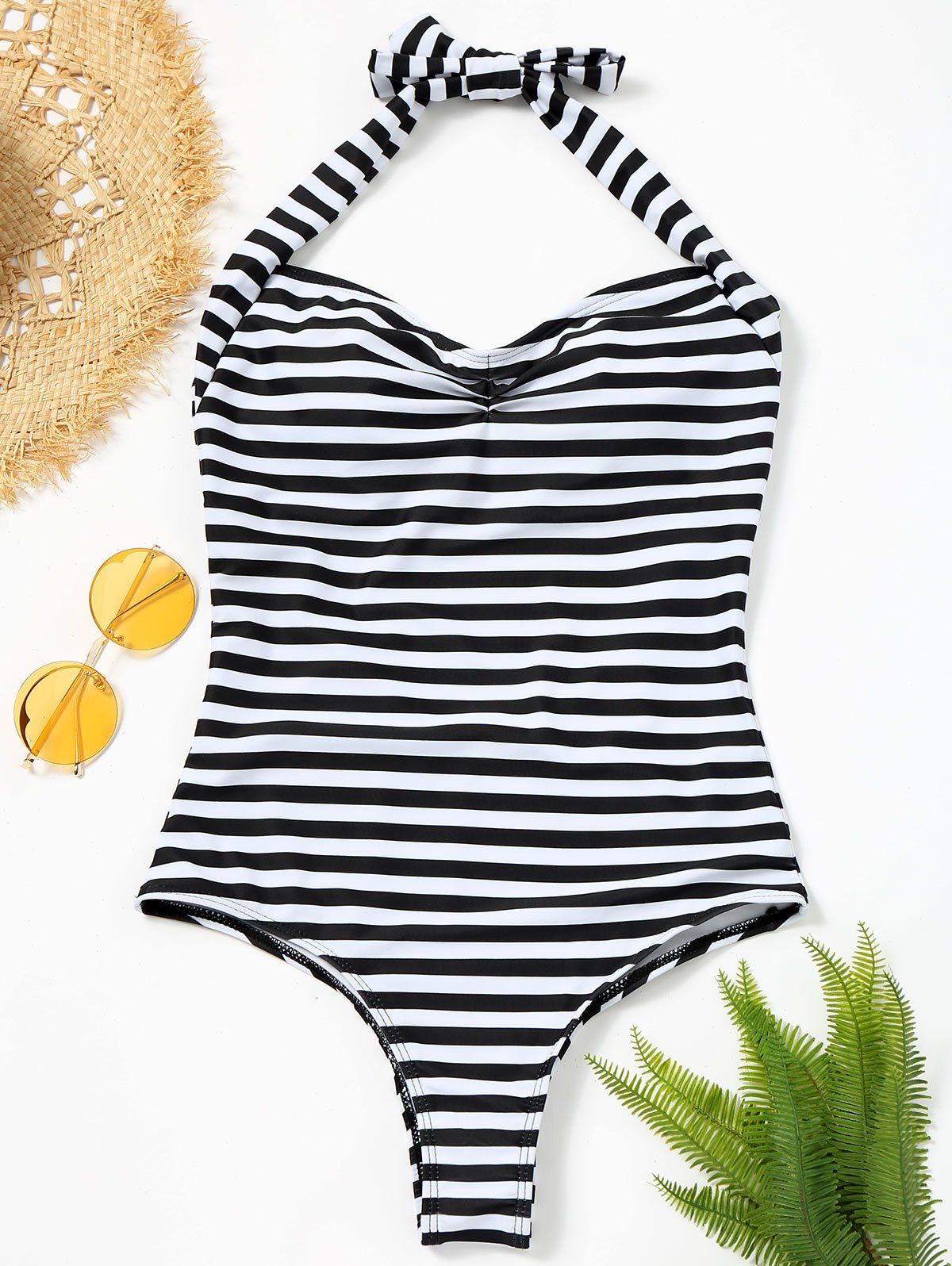 

Striped Halter Neck Low Back Swimsuit, Stripe