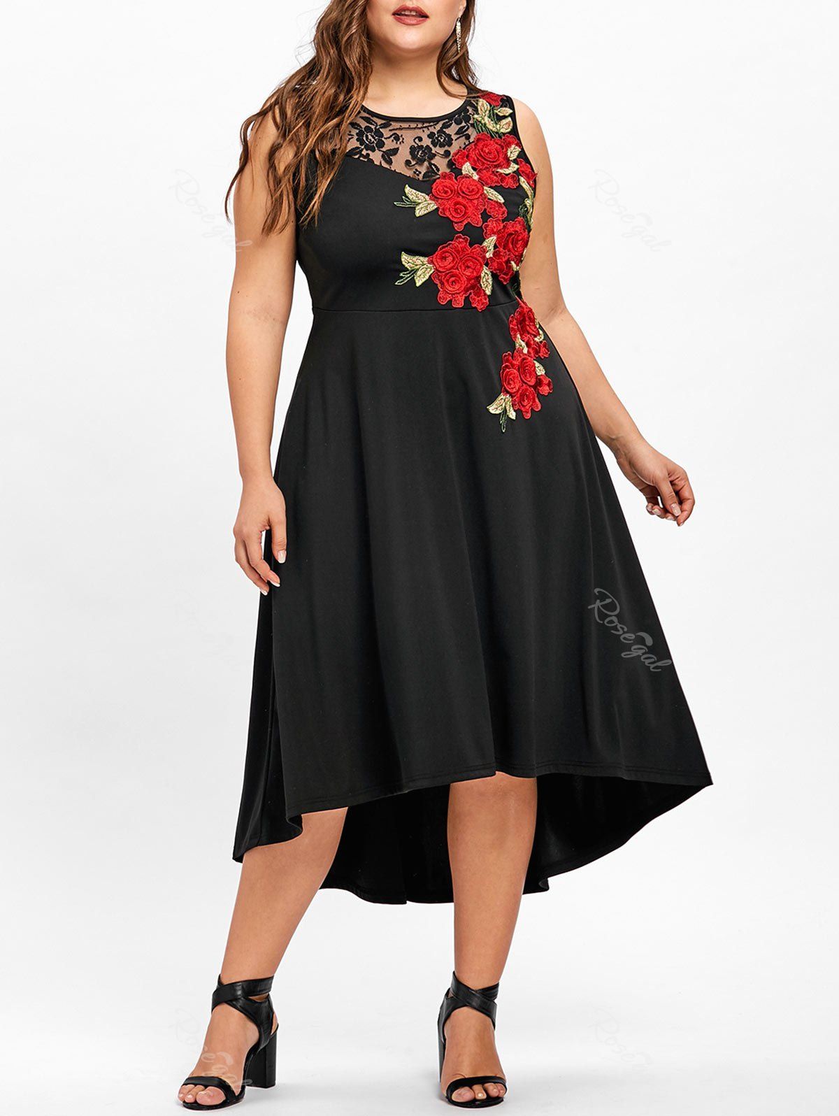 

Plus Size Embroidery Floral High Low Dress, Black