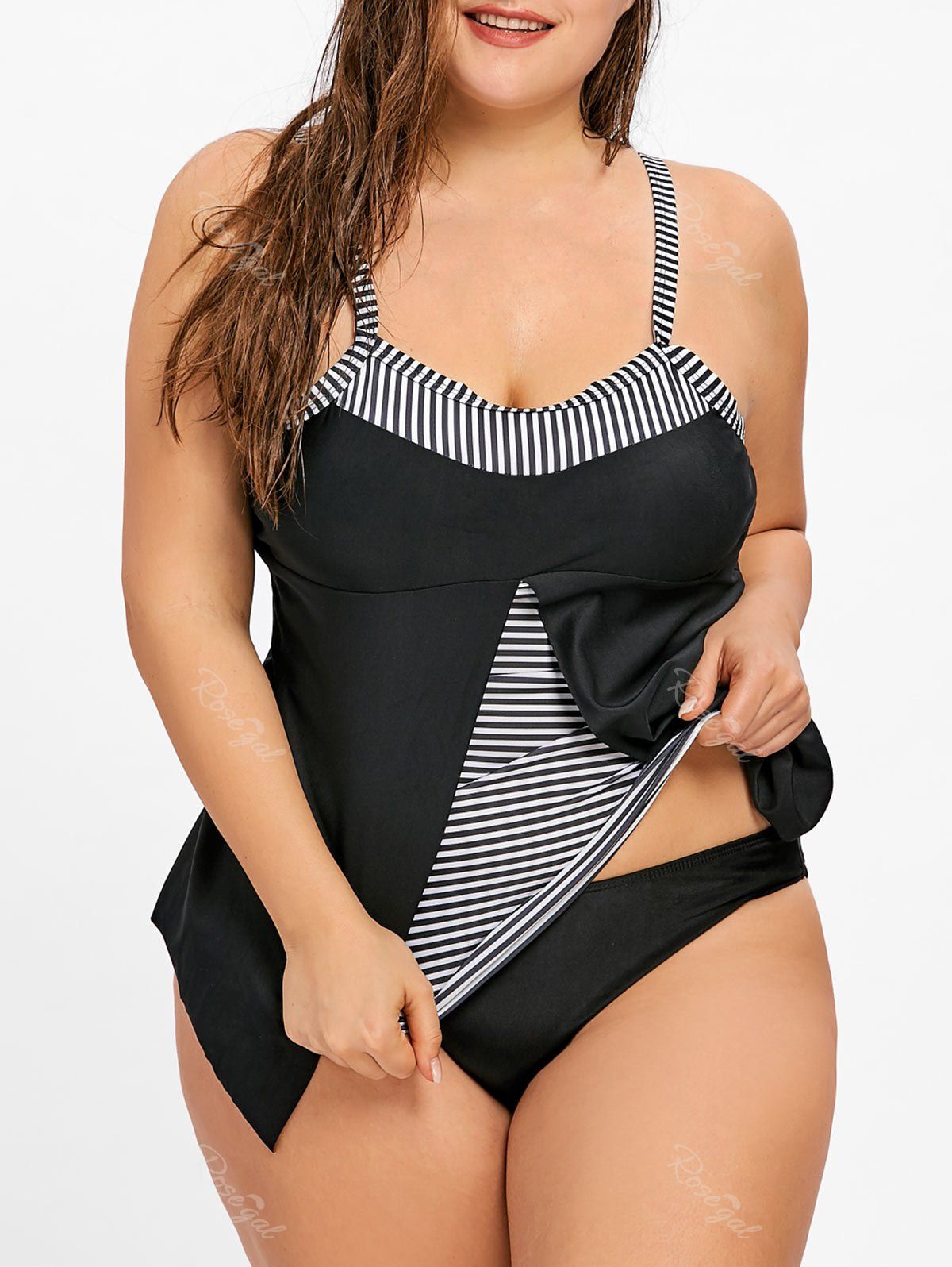 

Plus Size Slit Stripe Tankini Top and Briefs Set, Black