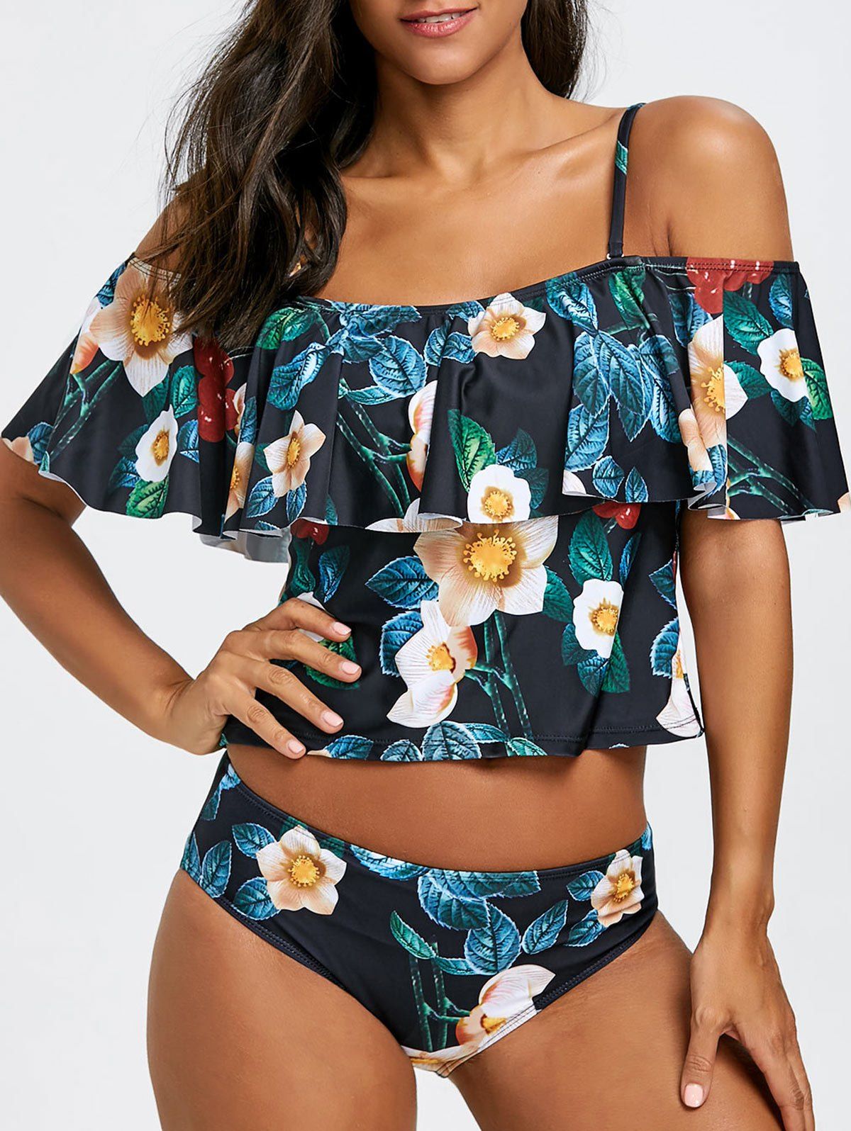 

Two Piece Flowers Print Flounce Swimsuit, Colormix