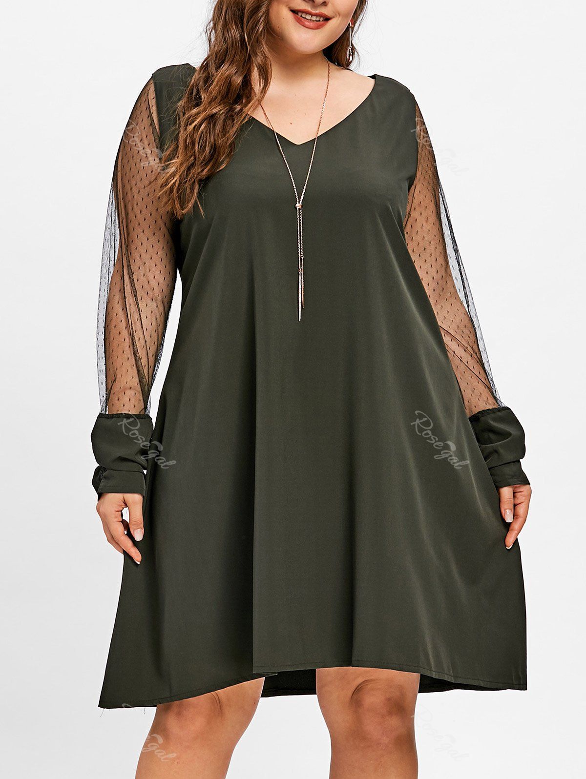 Online V Neck Lace Panel Plus Size Tunic Dress  
