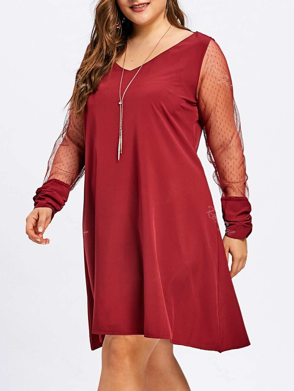 

V Neck Lace Panel Plus Size Tunic Dress, Magenta