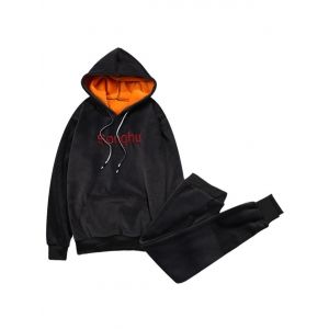 

Drawstring Embroidered Pullover Sherpa Hoodie Twinset, Black