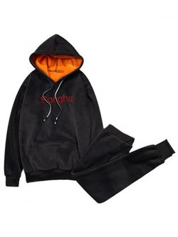 Drawstring Embroidered Pullover Sherpa Hoodie Twinset - BLACK - XL