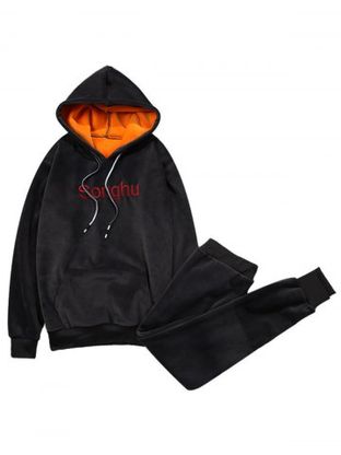 Drawstring Embroidered Pullover Sherpa Hoodie Twinset