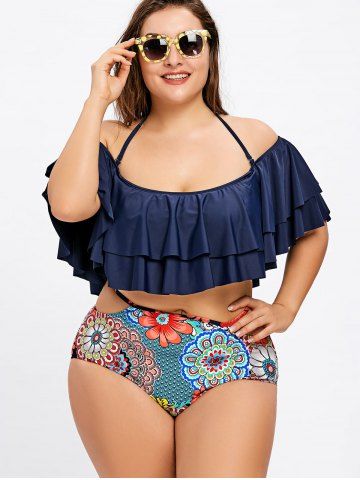

Tier Flounce Print Plus Size Halter Bikini, Multi-c