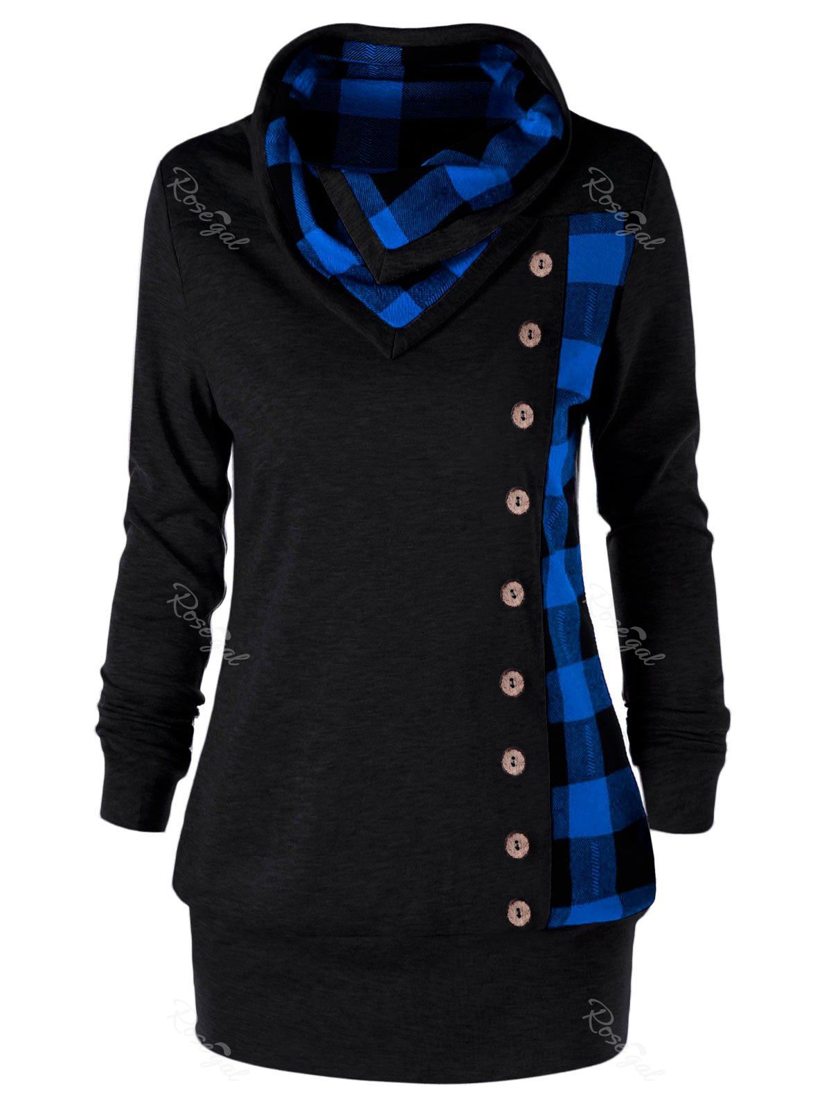 

Plus Size Cowl Neck Plaid Sweatshirt, Blue and black