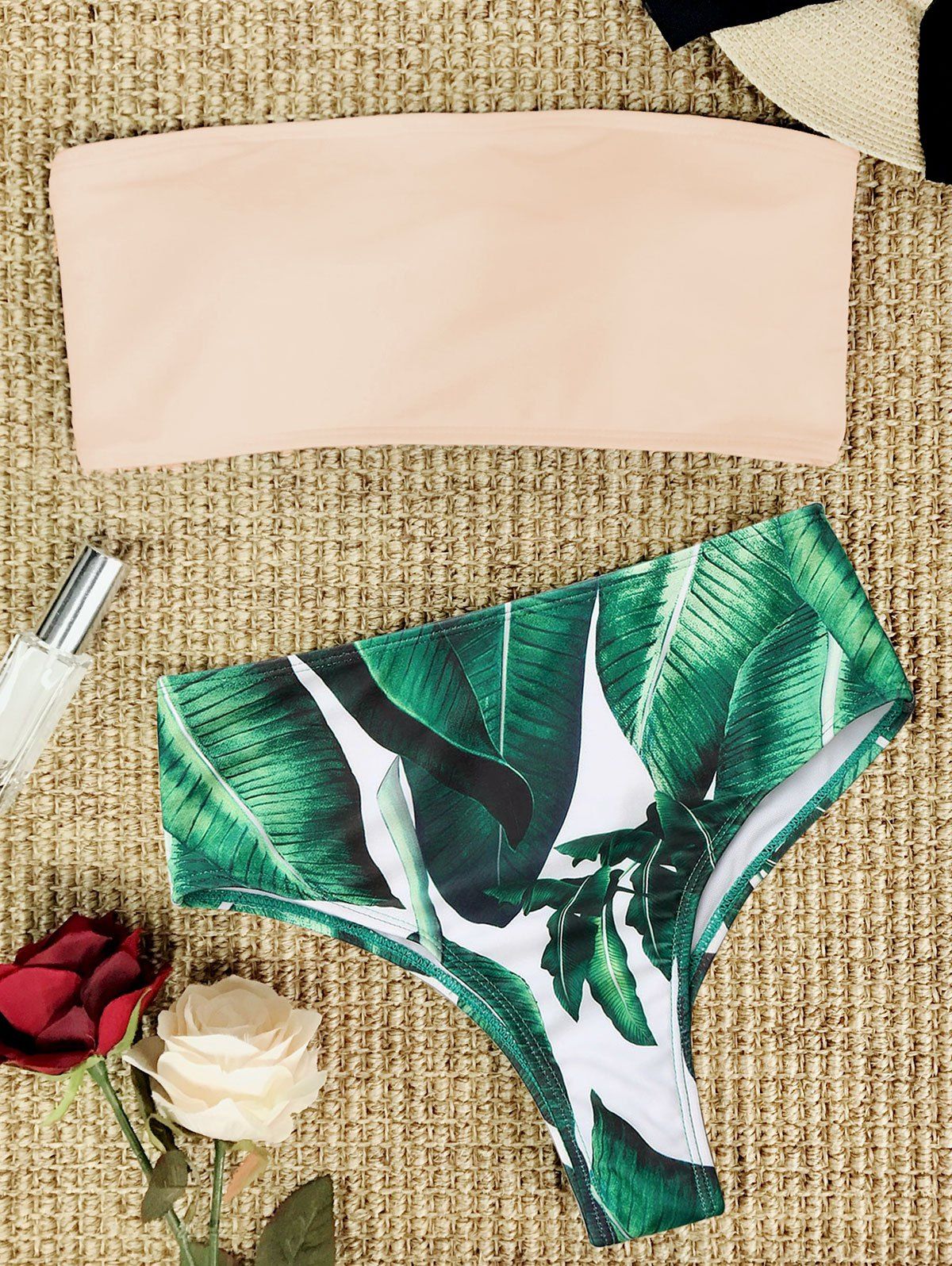 

Strapless Palm Leaf High Cut Bikini Set, Pink