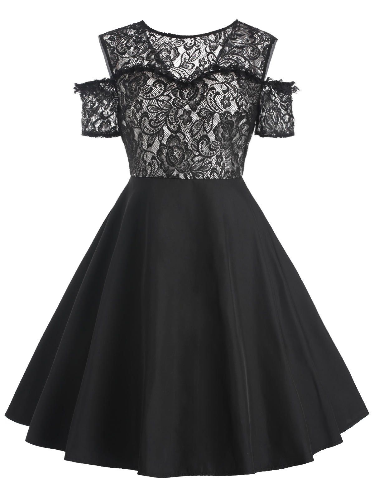 

Vintage Lace Panel Cold Shoulder Dress, Black