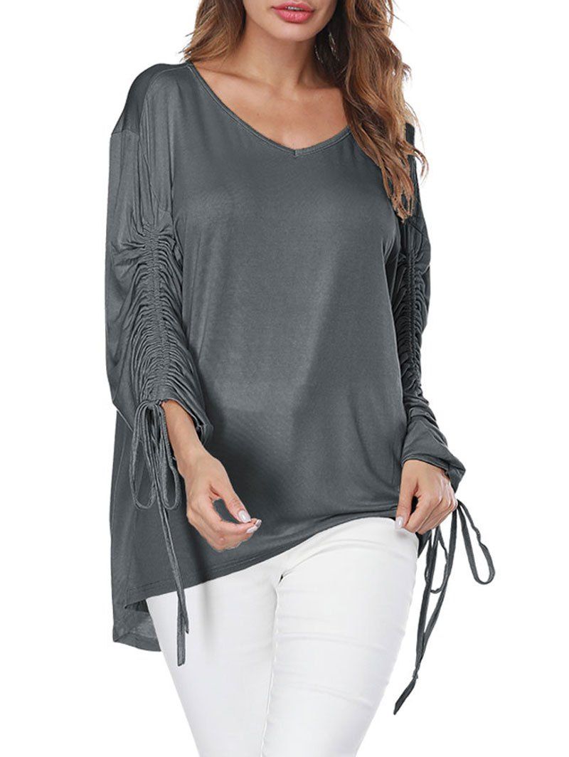 [67% OFF] Drop Shoulder Drawstring Sleeve Tunic Top | Rosegal