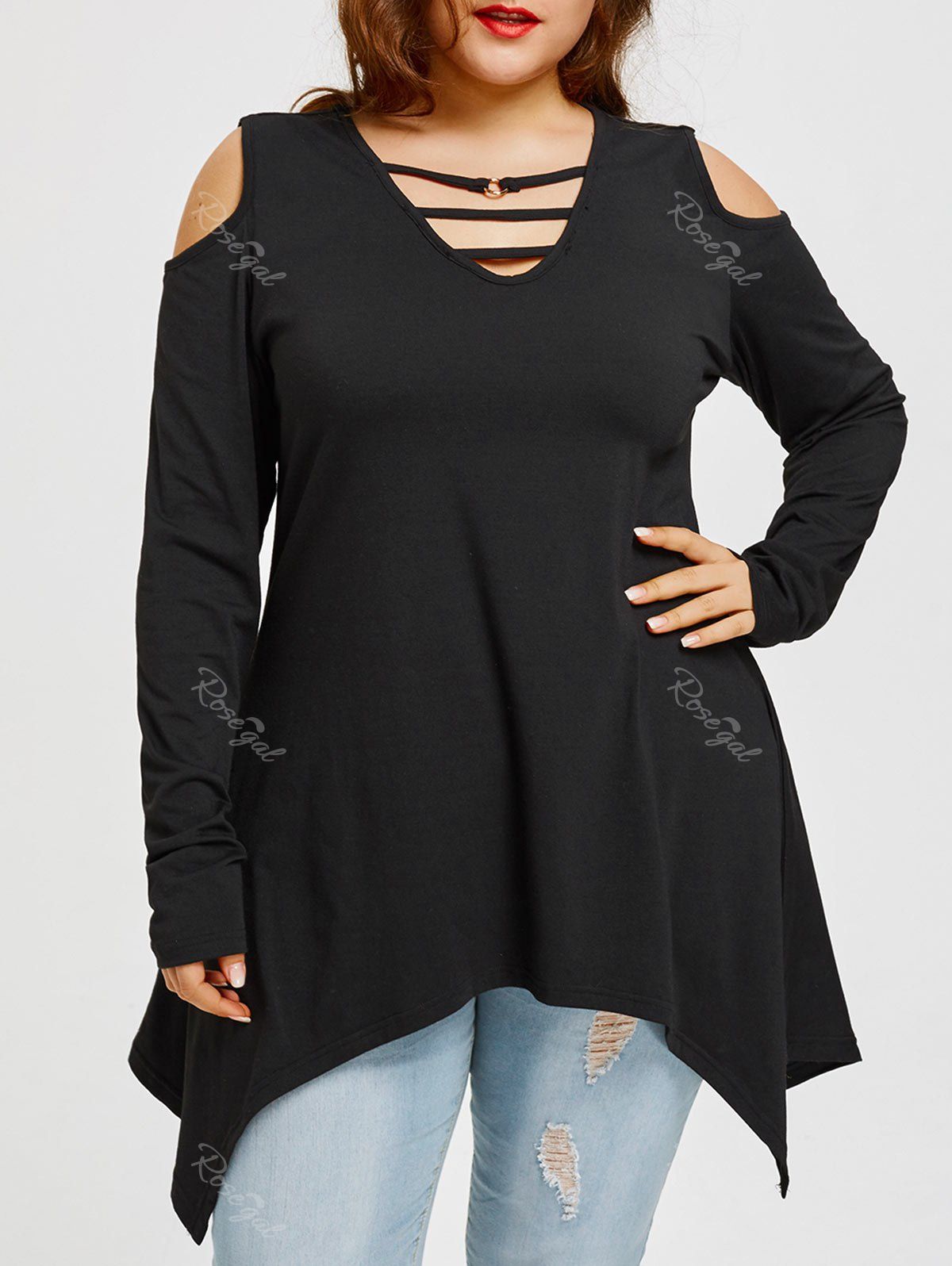 [36% OFF] Ladder Cut Plus Size Cold Shoulder Asymmetrical T-shirt | Rosegal