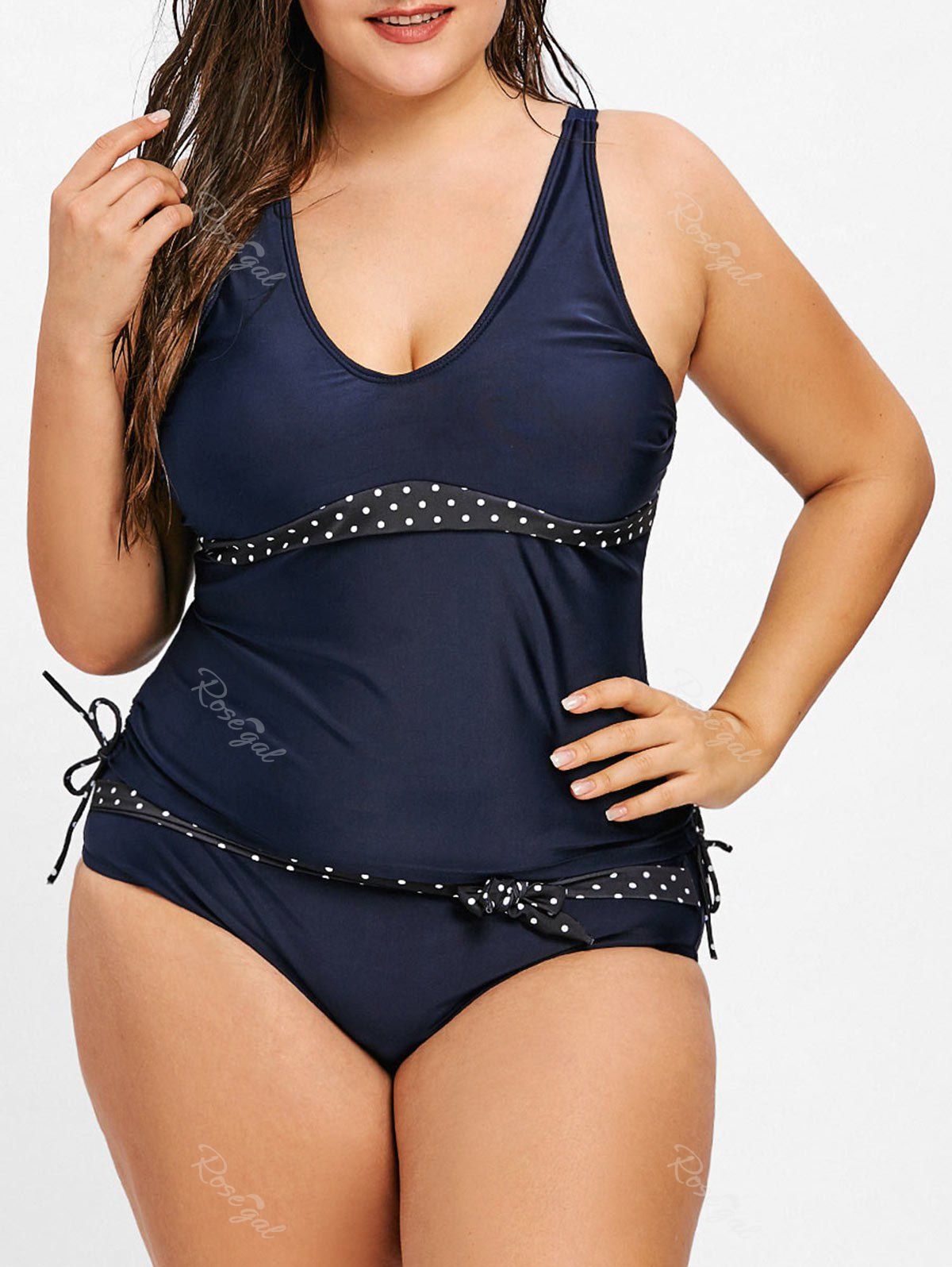 

Plus Size Drawstring Polka Dot Tankini Set, Purplish blue