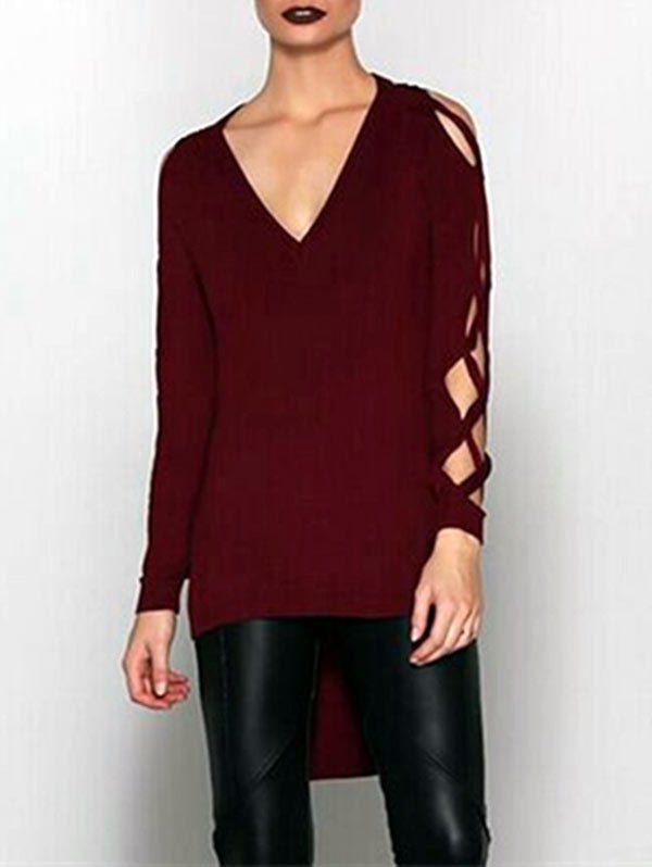 

Lattice Sleeve High Low Top, Wine red