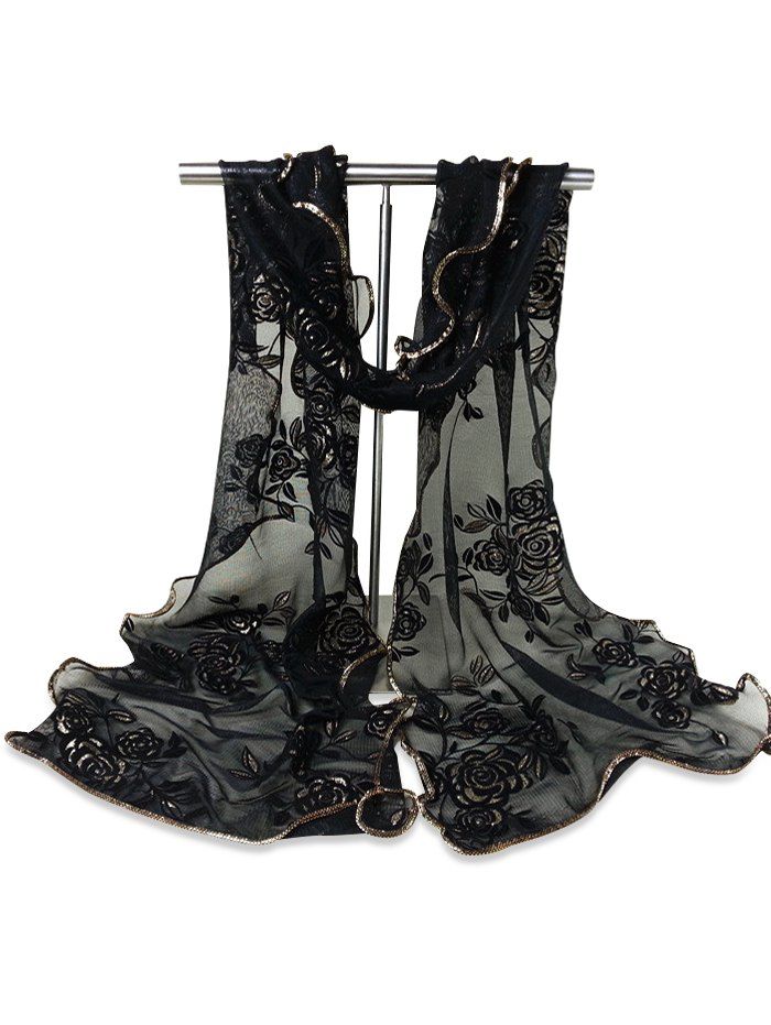 

Vintage Rose Pattern Golden Edge Embellished Sheer Scarf, Black