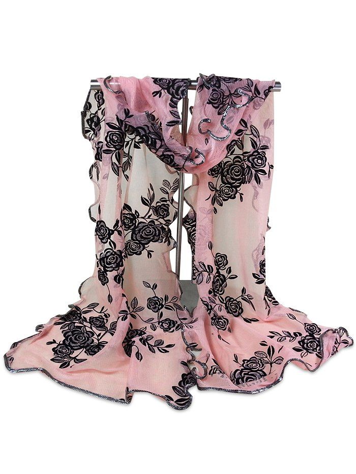 

Vintage Rose Pattern Golden Edge Embellished Sheer Scarf, Pink