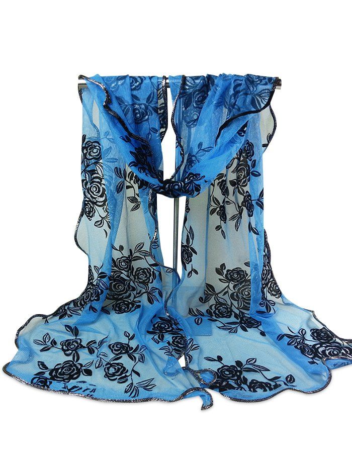 

Vintage Rose Pattern Golden Edge Embellished Sheer Scarf, Azure