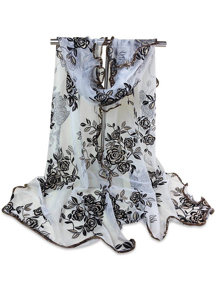 

Vintage Rose Pattern Golden Edge Embellished Sheer Scarf, White