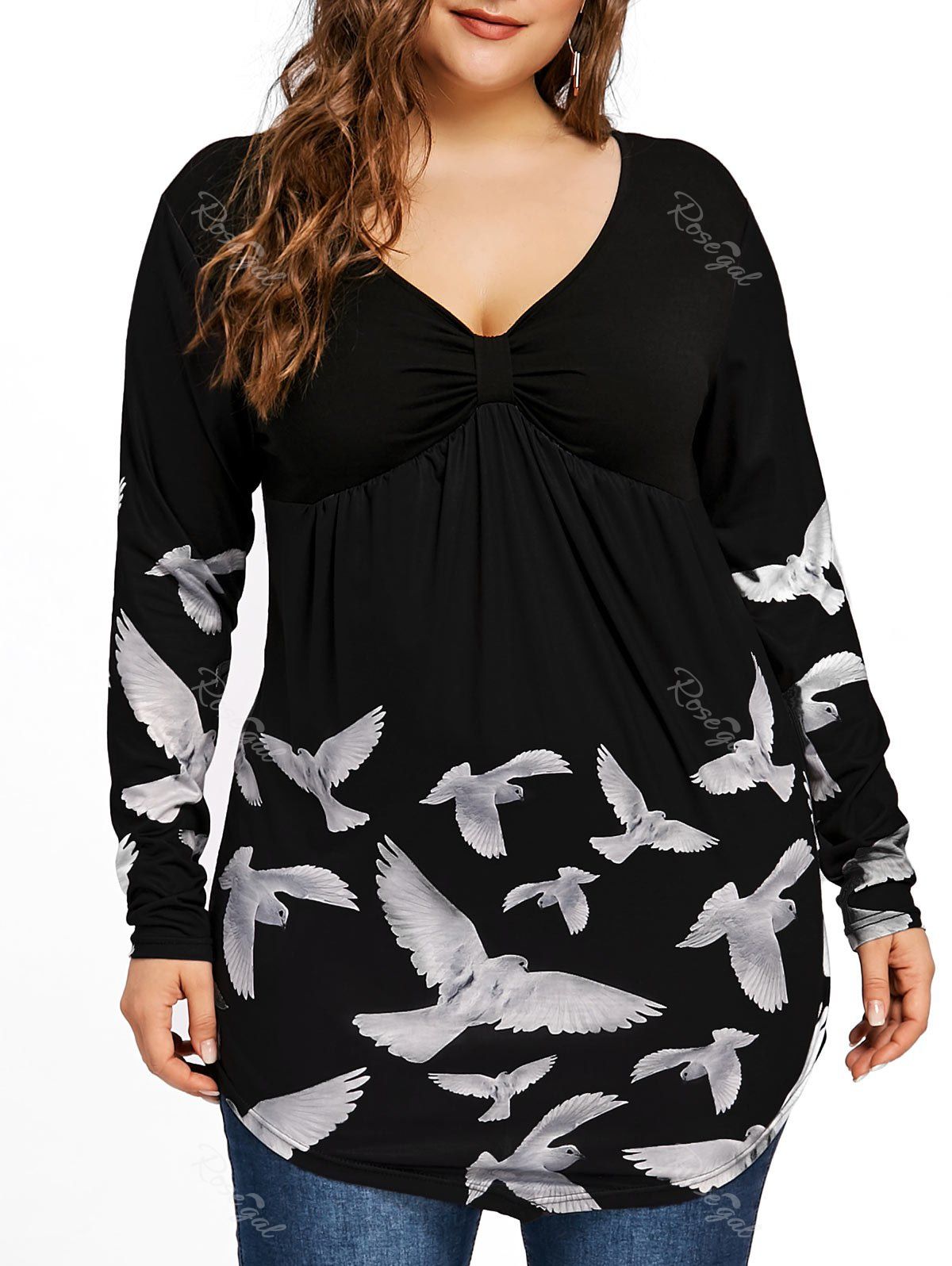 

Plus Size Long Sleeve Pigeon Print Tunic Top, Black