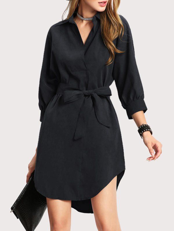 

High Low Shirt Dress with Bowknot, Black