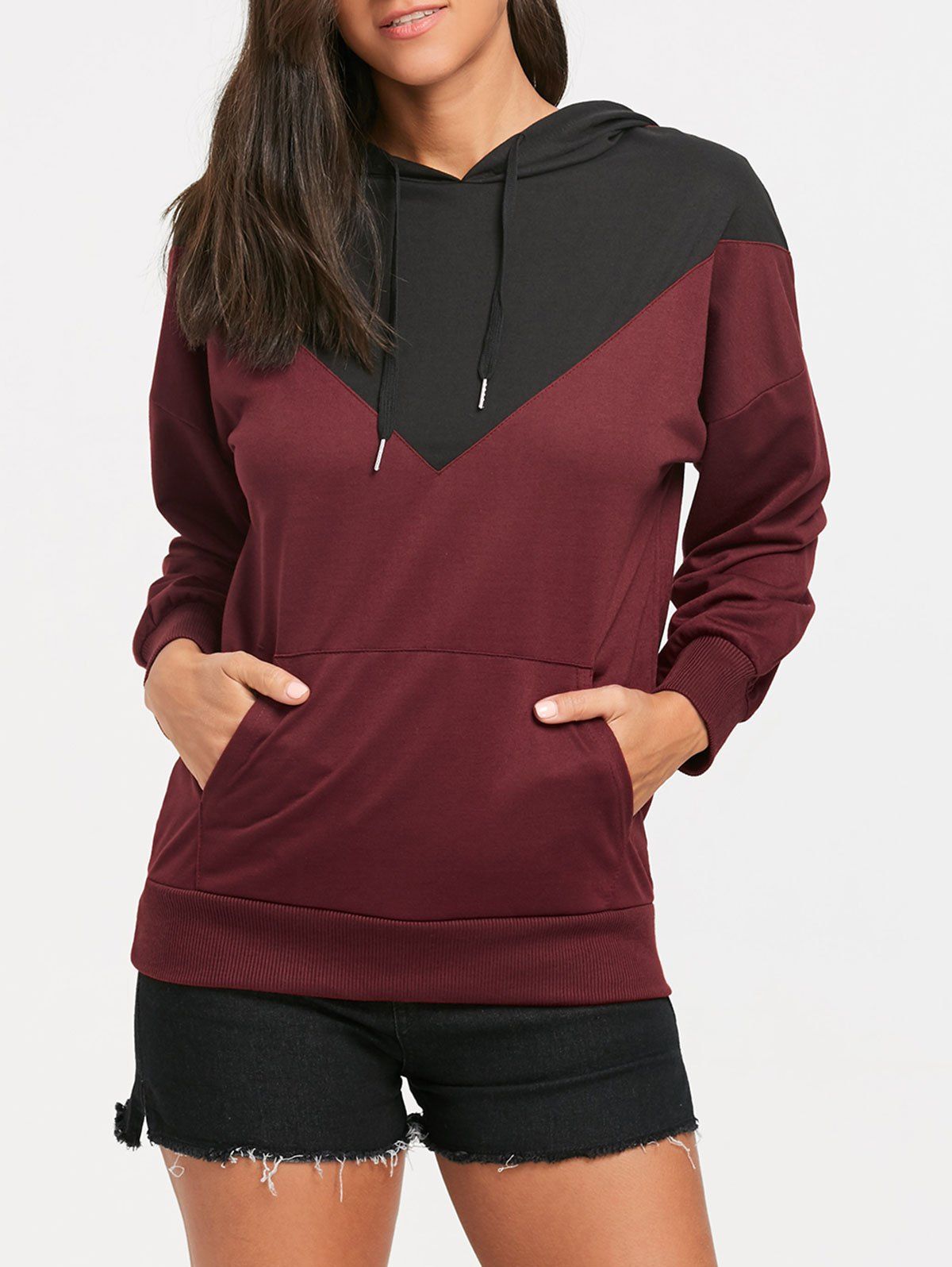 

Color Block Drop Shoulder Kangaroo Pocket Hoodie, Black&red