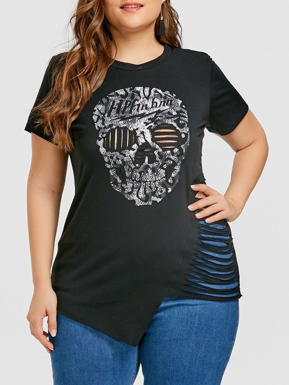 

Plus Size Sequined Shredded Skull Asymmetric T-shirt, Black
