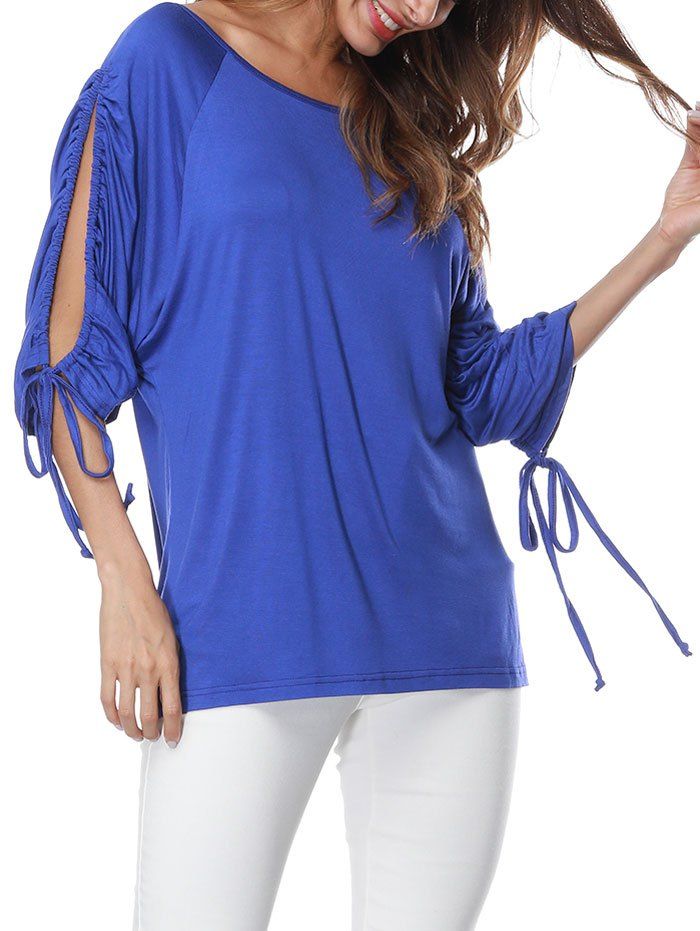 

Slit Drawstring Sleeve T-shirt, Blue