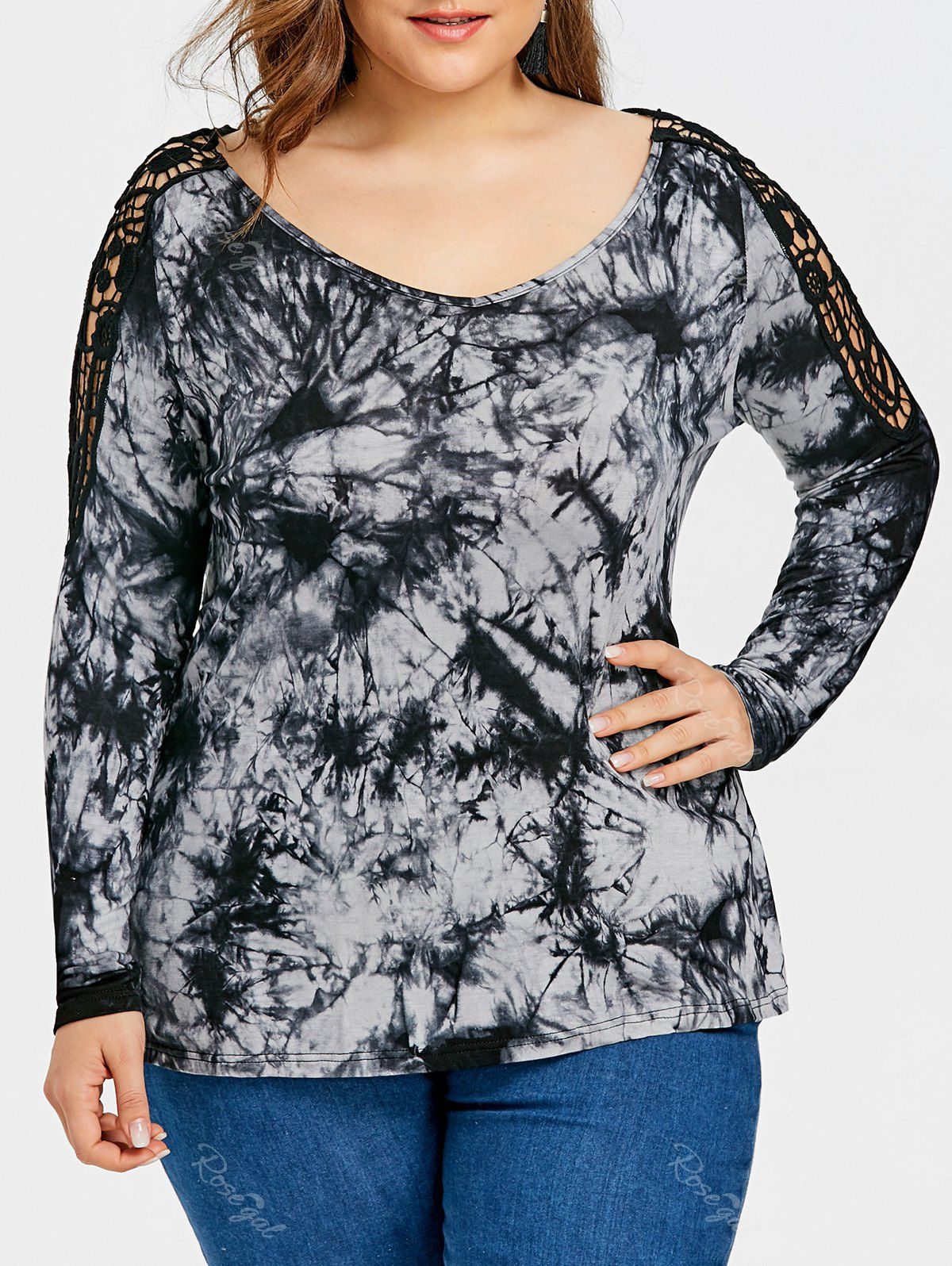 

Plus Size Crochet Panel Cold Shoulder Top, Black and grey