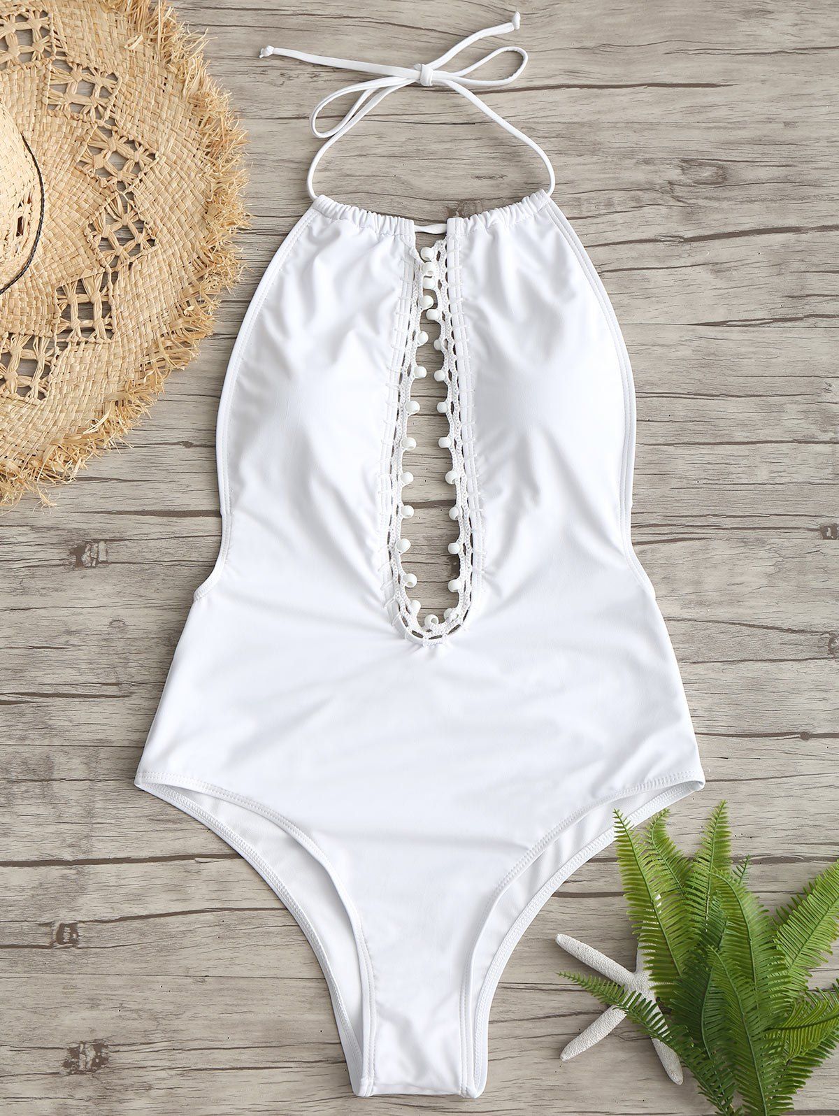 

Low Back Beading One Piece Swimsuit, White