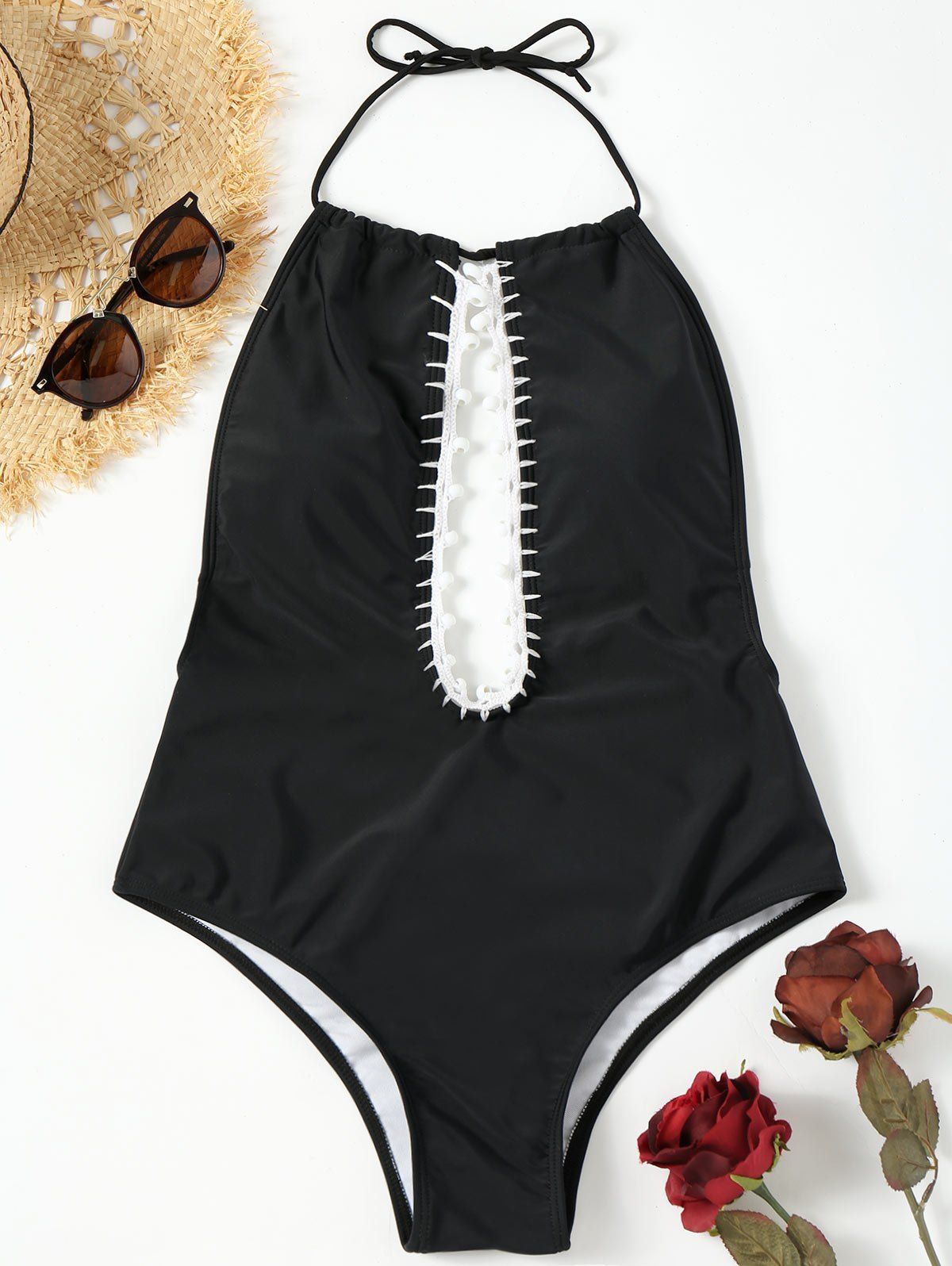 

Low Back Beading One Piece Swimsuit, Black