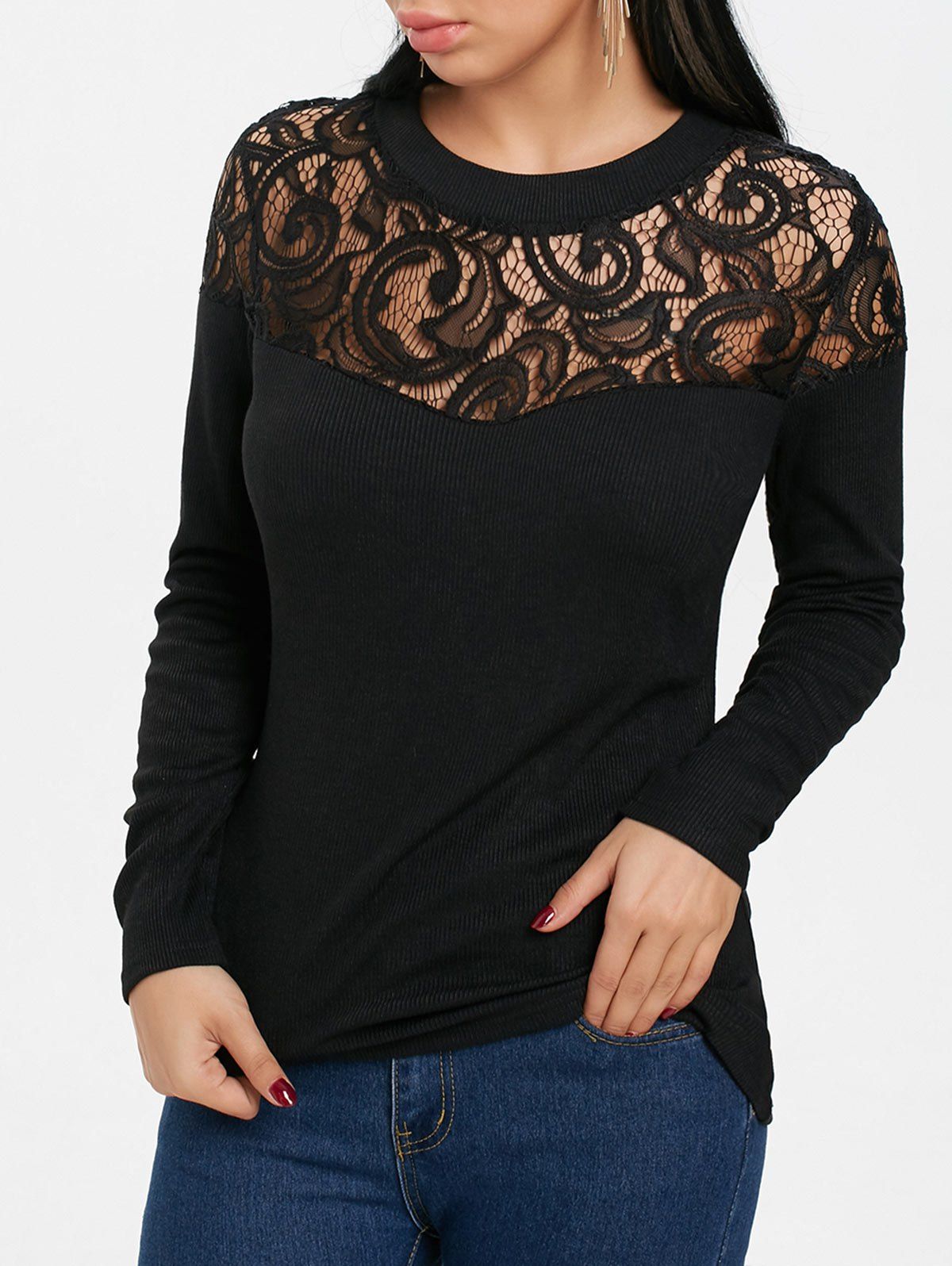 

Openwork Lace Panel Long Sleeve T-shirt, Black