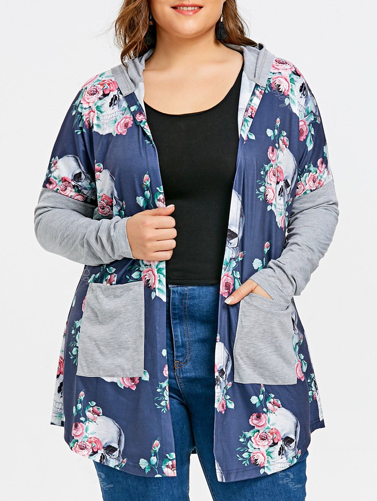 

Plus Size Hooded Skulls Cardigan, Blue
