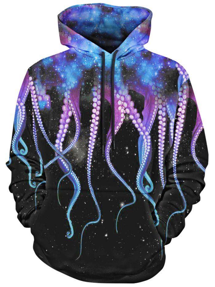 

Octopus Claw and Galaxy Print Drawstring Hoodie, Blue