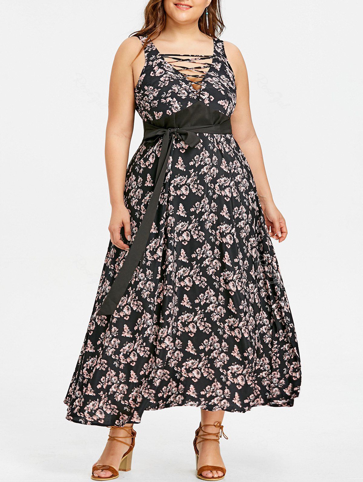 

Plus Size Criss Cross Belted Floral Dress