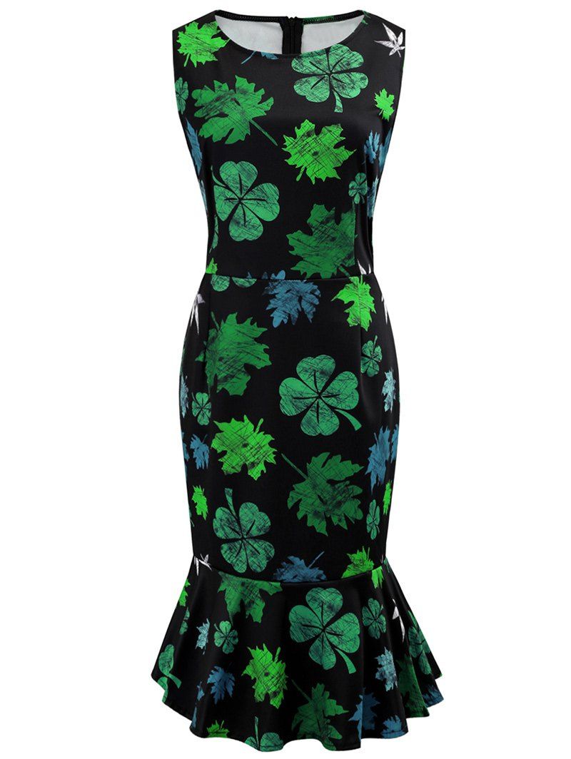 2018 sleeveless leaf print mermaid dress in green 2xl 2018 sleeveless leaf print mermaid dress in green 2xl