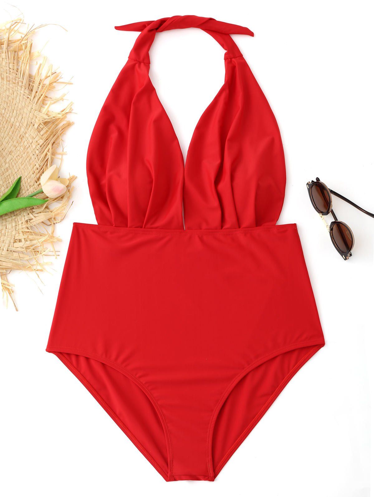 

Halter Pleated Plus Size Swimsuit, Red