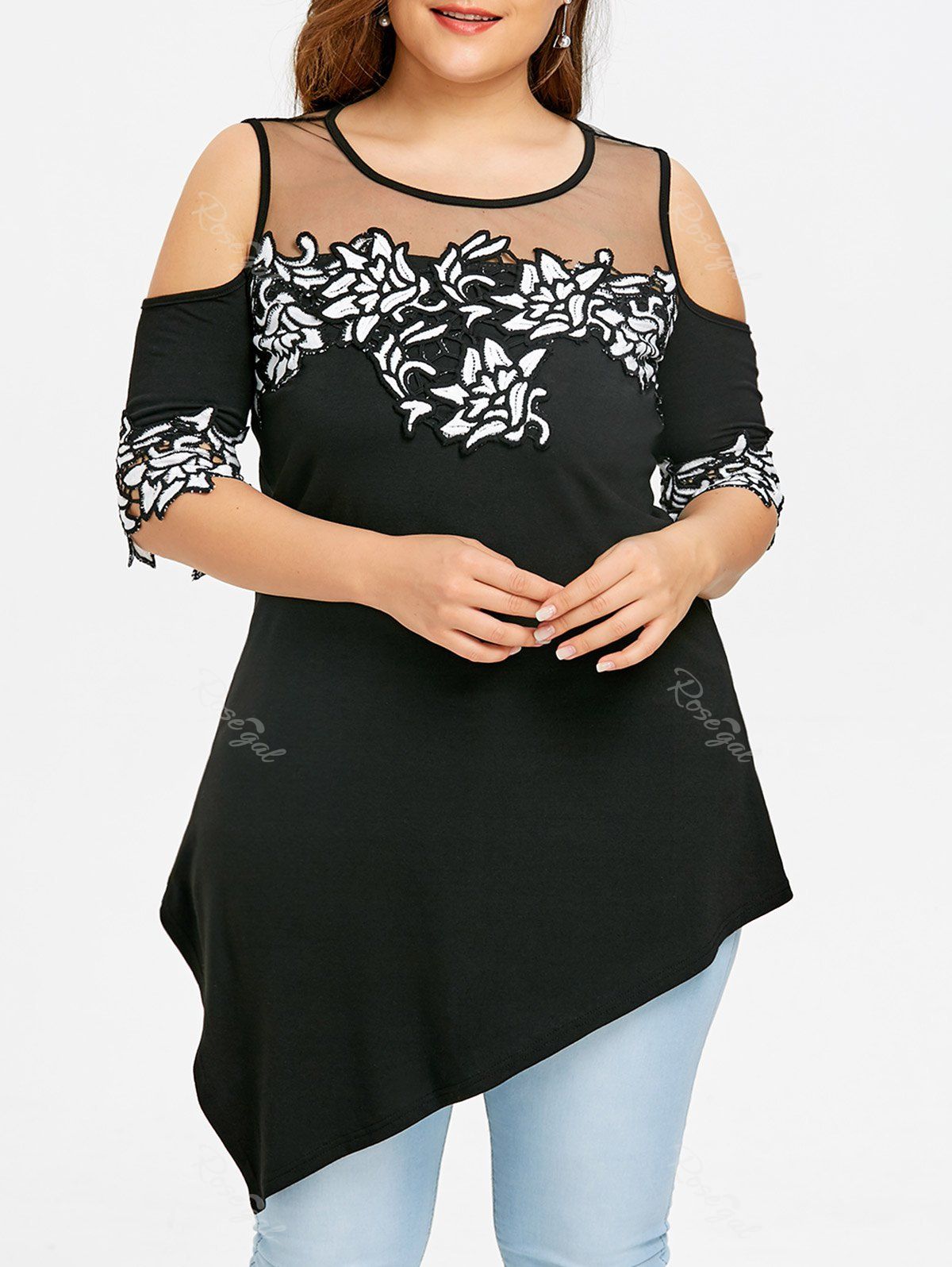 

Plus Size Open Shoulder Asymmetric T-shirt, Black
