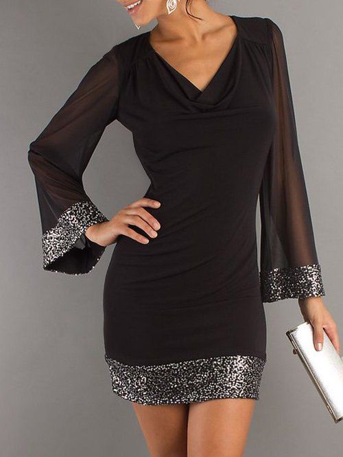

V Neck Sequin Embellished Bodycon Shift Dress, Black