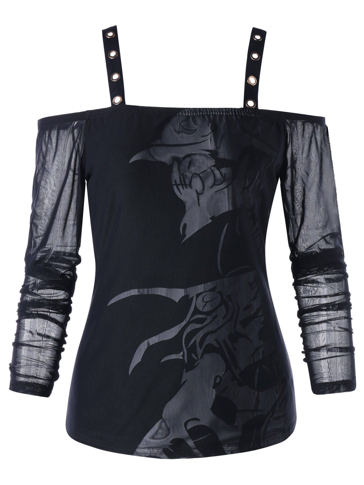 

Cold Shoulder Long Sleeve Mesh Overlay T-shirt, Black