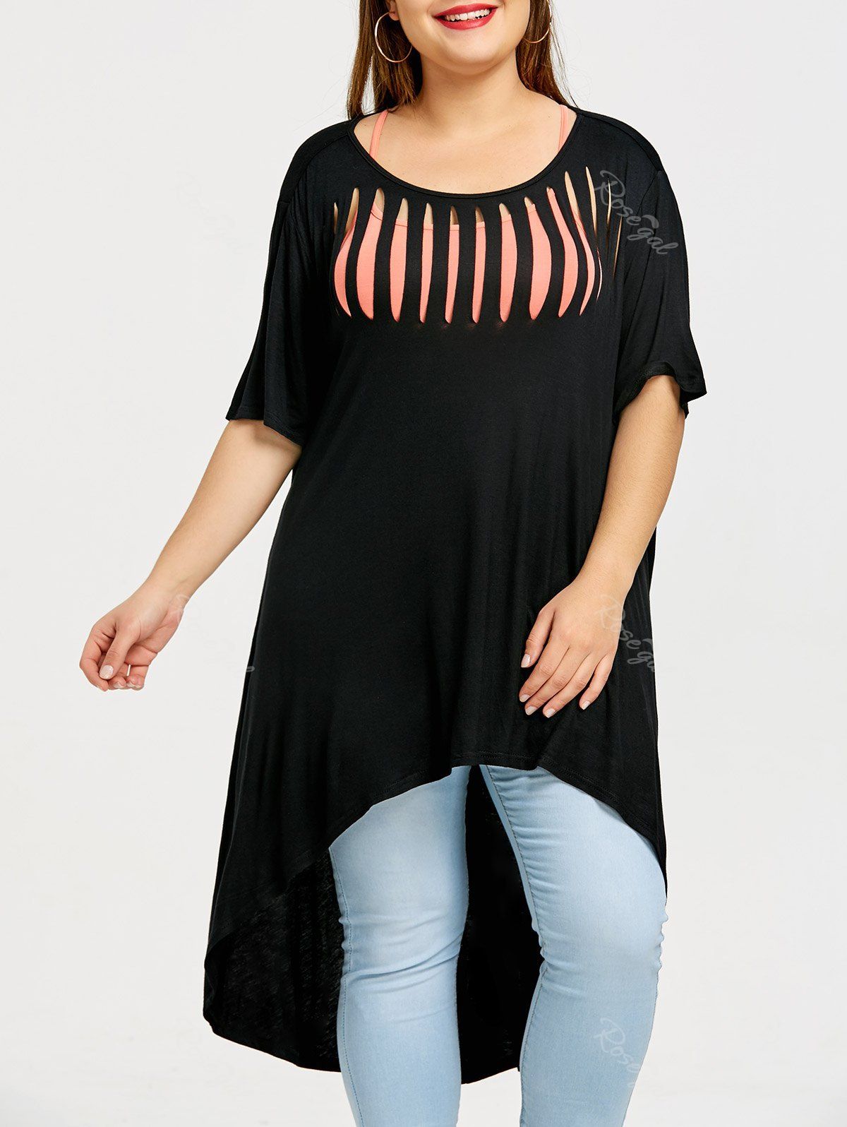 

Plus Size Shredding Cut High Low Hem T-shirt, Black