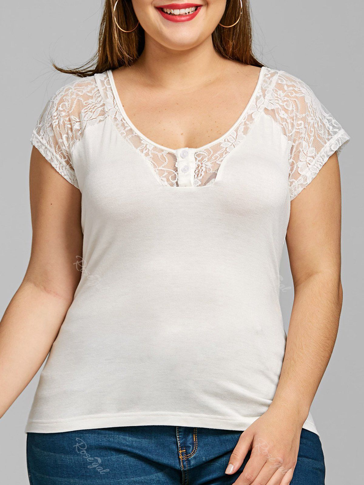 

Plus Size Lace Insert Henley Tee, White