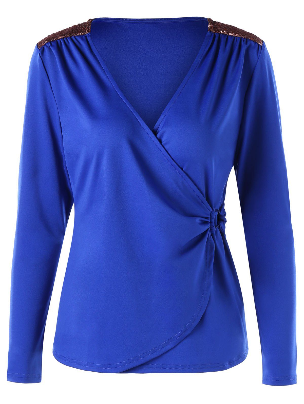 

Sequins Embellished Long Sleeve Surplice T-shirt, Blue