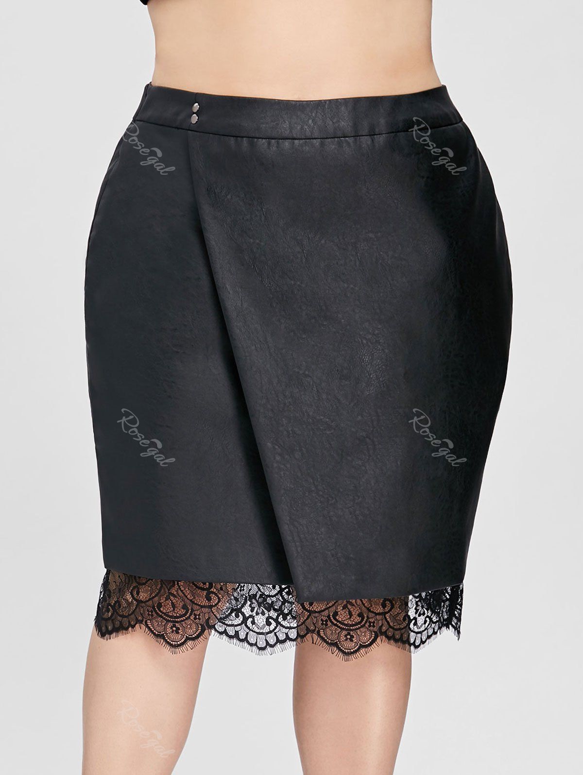 

Plus Size Oblique Lace Trim Faux Leather Skirt, Black