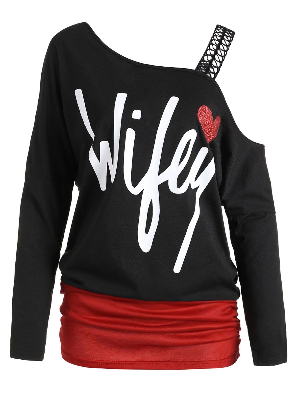 

Letter Print One Cold Shoulder Long Sleeve T-shirt, Black