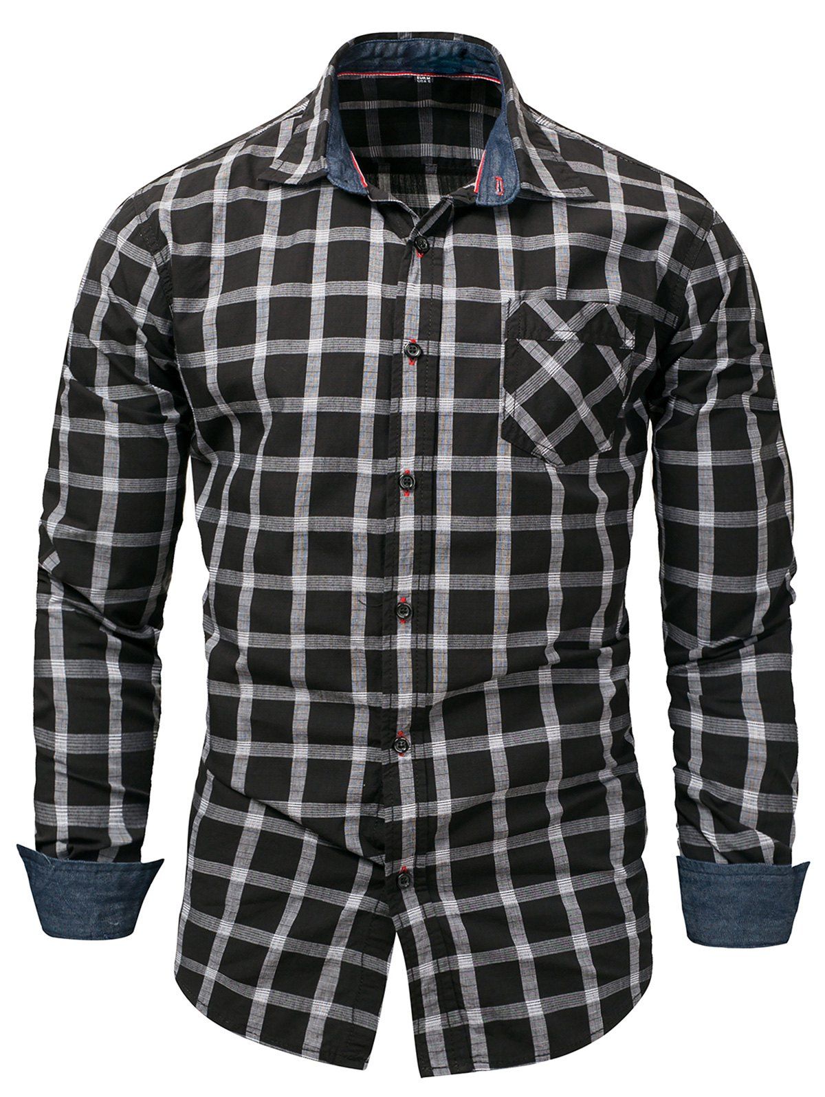 

Turn Down Collar Long Sleeve Plaid Shirt, Black