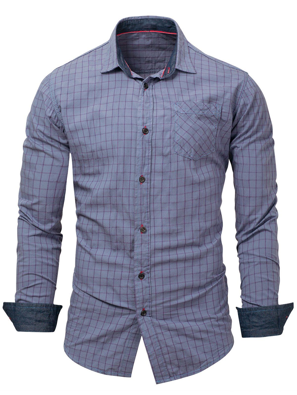 

Chest Pocket Grid Long Sleeve Shirt, Stone blue