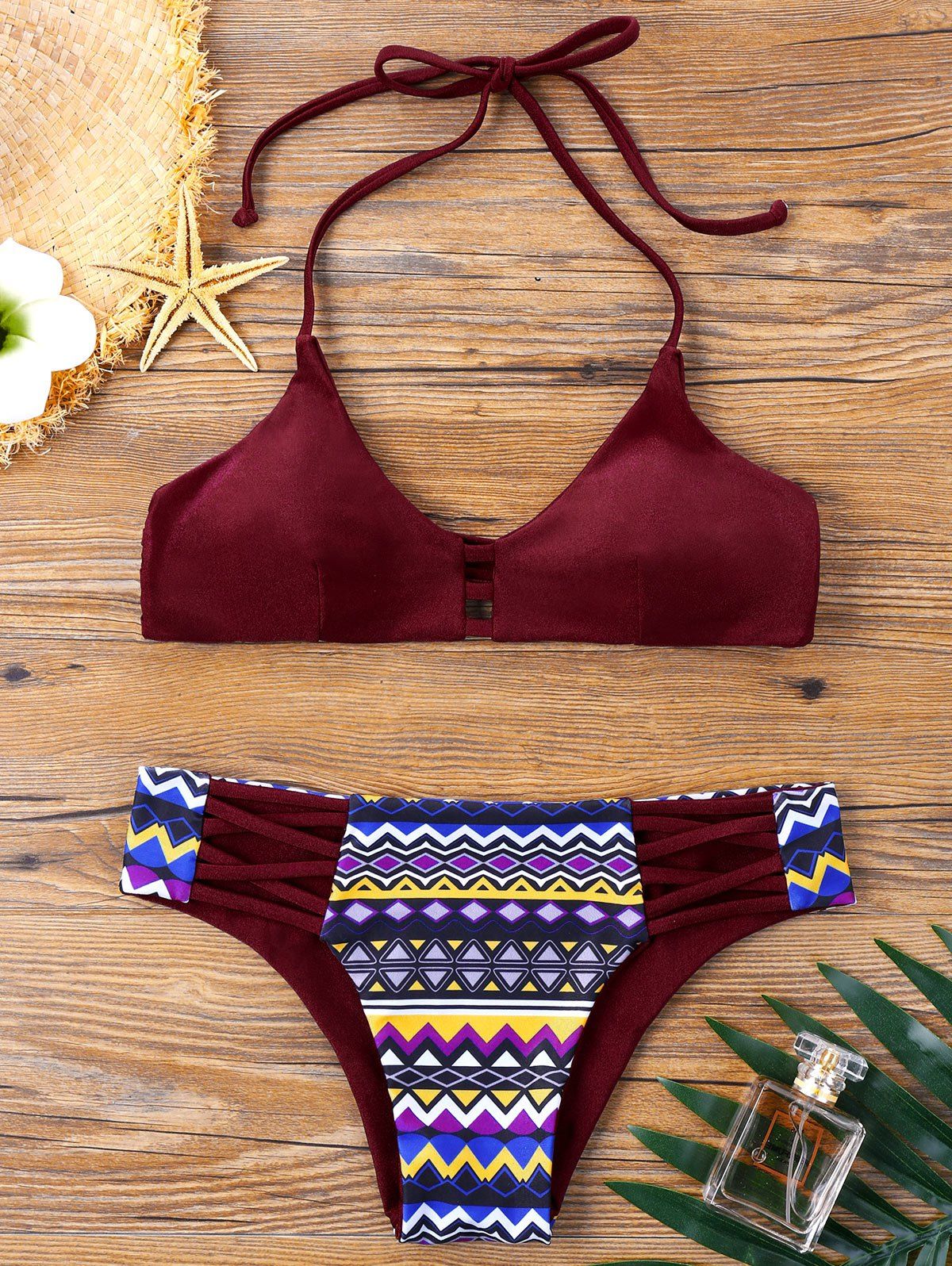 

Halter Neck Zigzag Bikini Set, Wine red
