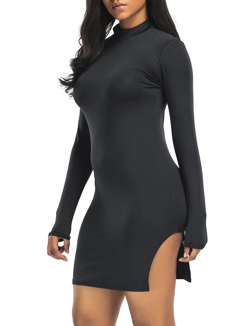 

Slit High Neck Bodycon Mini Dress, Black